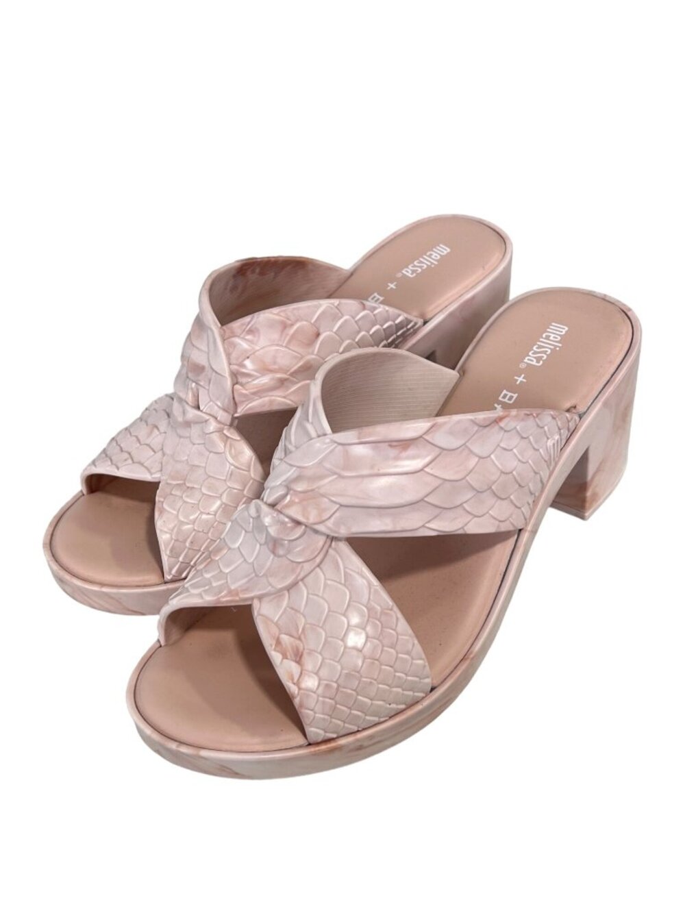 Melissa Sandals Size 8 Baja East Python Heel Open Toe Block Heels Pink Modern